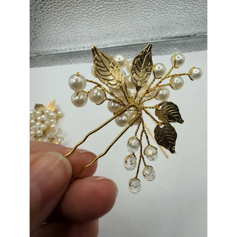 Set of 3 Gold Tone Faux Pearl and Crystal Bridal Hair Pins Wedding Accessories